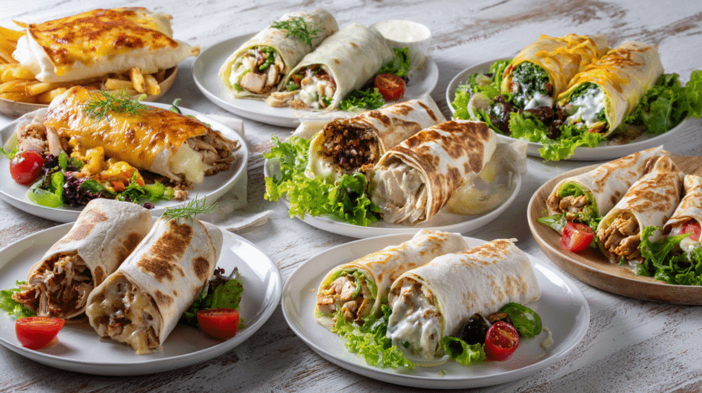 Assorted chicken wraps displayed together in one image, featuring ten different varieties including cheesy, spicy, Mediterranean, Caesar-style, BBQ, garlic butter, ranch, fajita, creamy chicken roll-ups, and veggie-filled wraps arranged on plates.