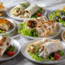 Assorted chicken wraps displayed together in one image, featuring ten different varieties including cheesy, spicy, Mediterranean, Caesar-style, BBQ, garlic butter, ranch, fajita, creamy chicken roll-ups, and veggie-filled wraps arranged on plates.
