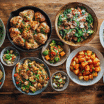 Collage of ten easy weeknight dinner dishes including creamy chicken skillets, stir fries, noodle bowls, and hearty one-pan meals arranged on a table