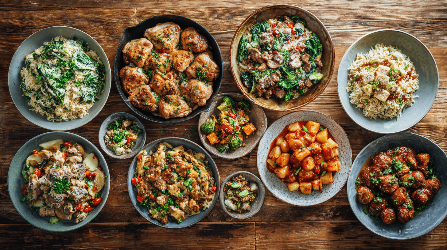Collage of ten easy weeknight dinner dishes including creamy chicken skillets, stir fries, noodle bowls, and hearty one-pan meals arranged on a table