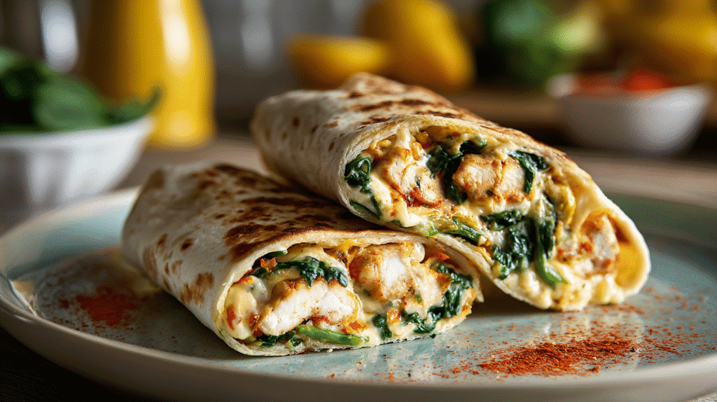 Cheesy Garlic Chicken Wraps with Spinach on a white plate