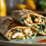 Cheesy Garlic Chicken Wraps with Spinach on a white plate