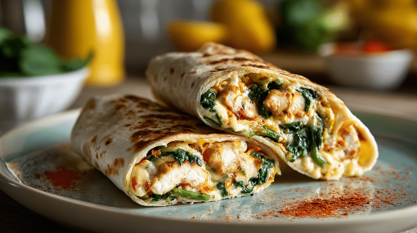 Cheesy Garlic Chicken Wraps with Spinach on a white plate
