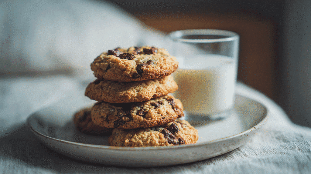 Banana bread chocolate chip cookies served with milk