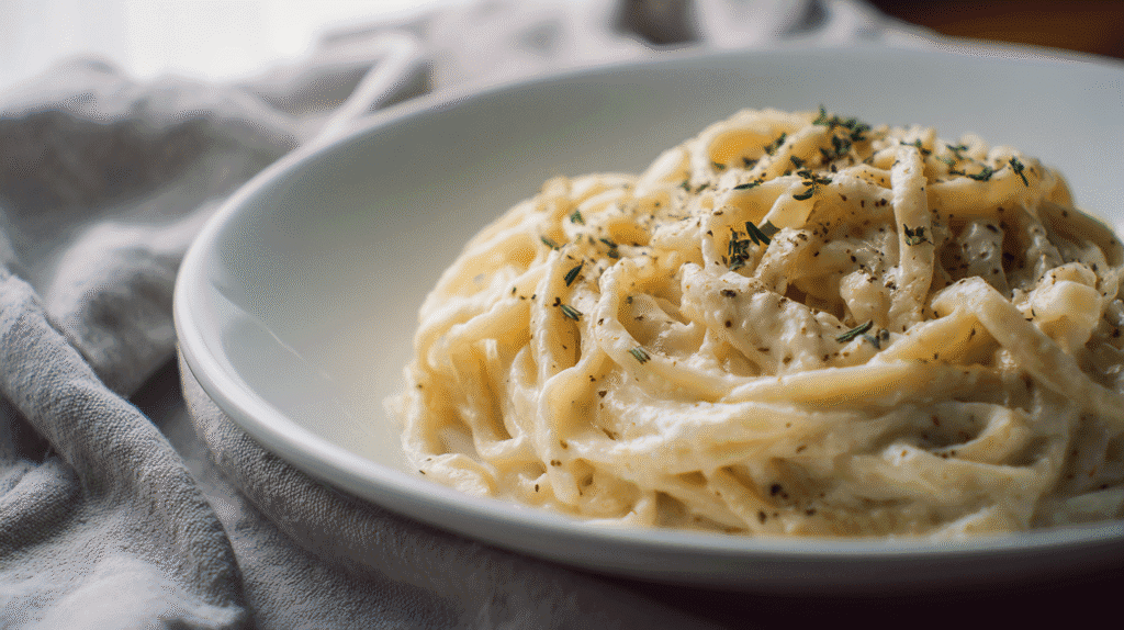 Served portion of Potato Noodles in Creamy Alfredo Sauce