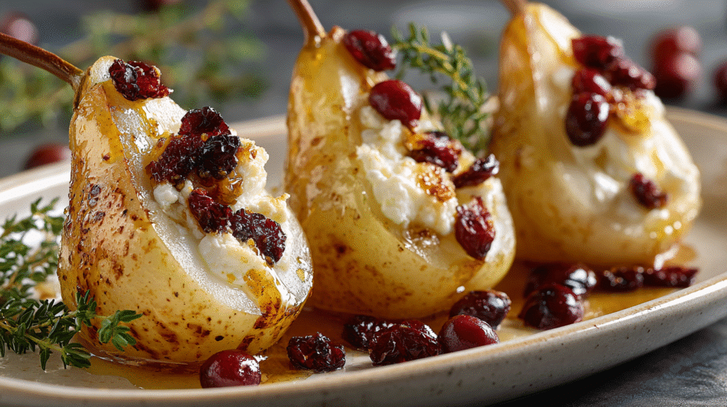 Served Baked Pears with Goat Cheese, Honey, and Cranberries
