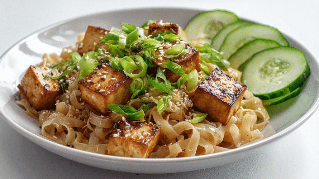 Served Easy Potato Noodles with Tofu in white bowl