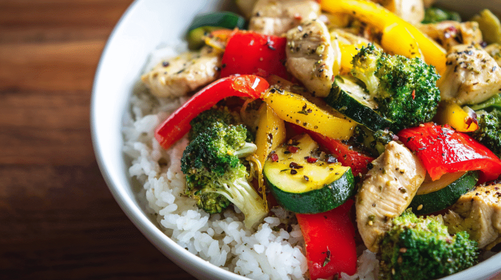 Garlic Chicken Veggie Bowl served with rice and vegetables