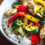 Garlic Chicken Veggie Bowl served with rice and vegetables