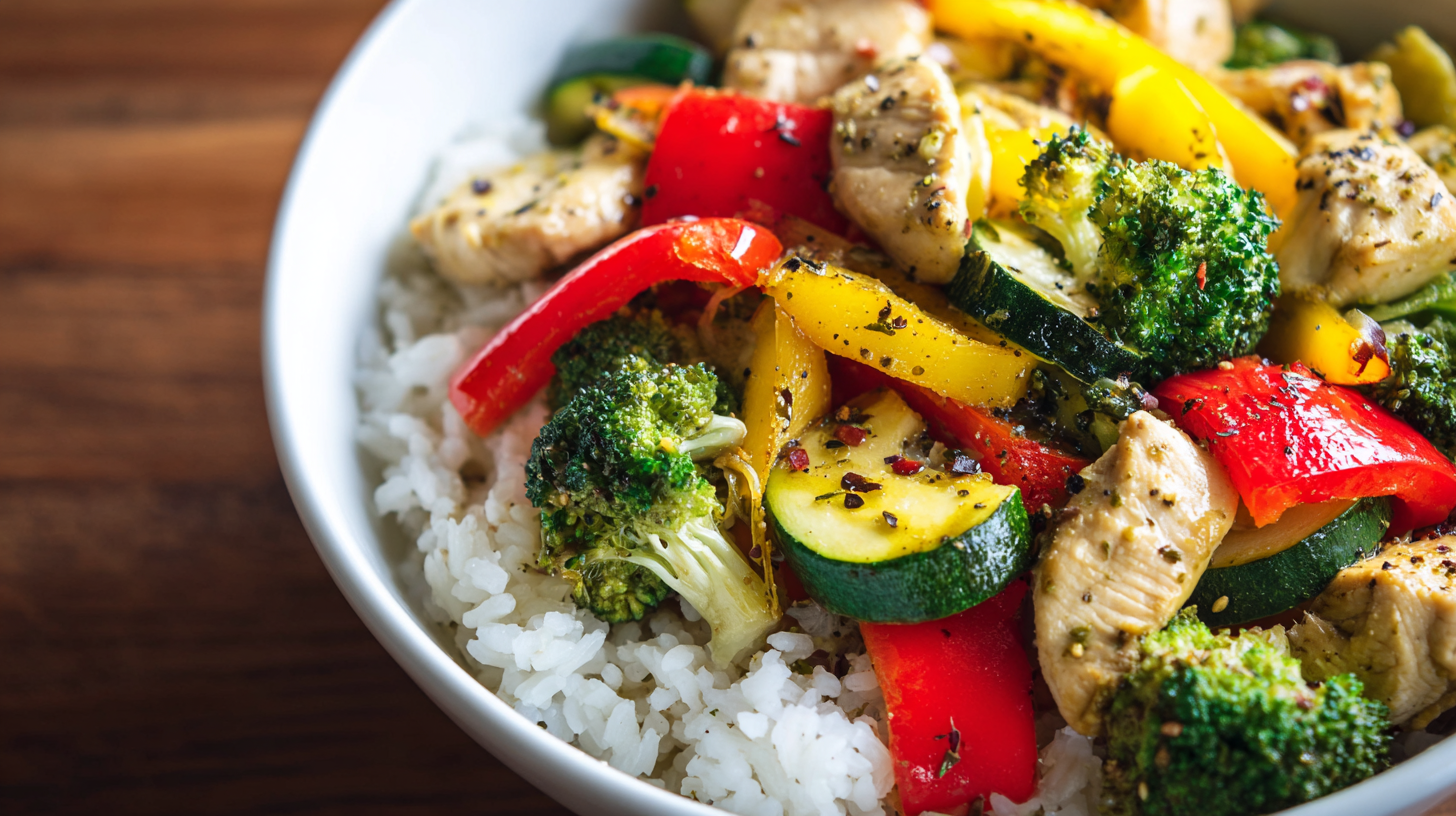 Garlic Chicken Veggie Bowl served with rice and vegetables