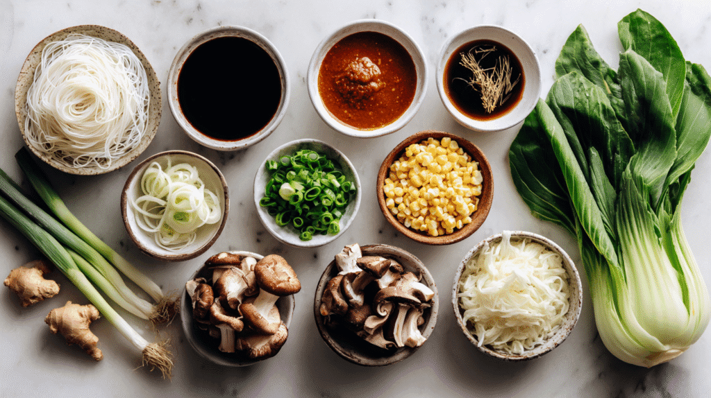 Ingredients for potato noodles in spicy ramen broth laid out on white surface