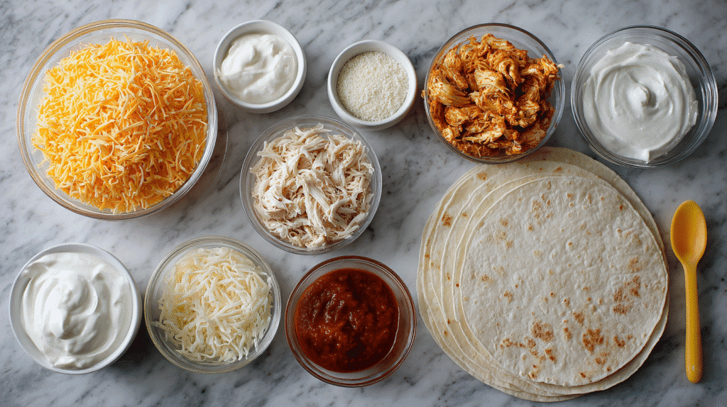 Ingredients for spicy cheesy chicken quesadilla wraps displayed on marble