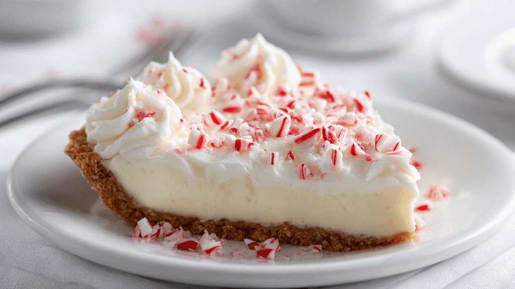 White Chocolate Peppermint Pie topped with whipped cream and crushed candy canes