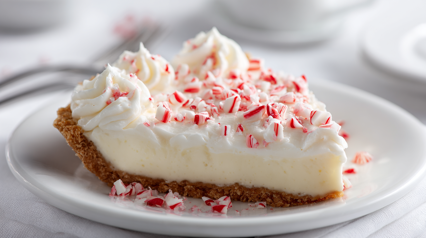White Chocolate Peppermint Pie topped with whipped cream and crushed candy canes