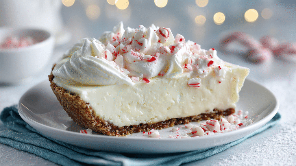 Slice of white chocolate peppermint pie served with whipped topping