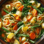 Potato Noodle Soup with Vegetables in ceramic bowl close-up