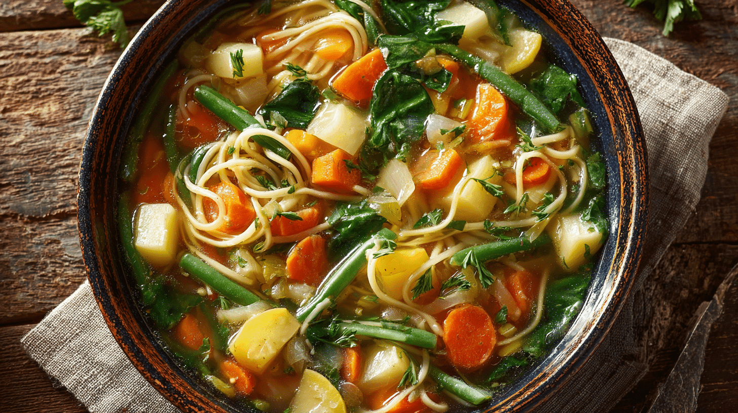 Potato Noodle Soup with Vegetables in ceramic bowl close-up