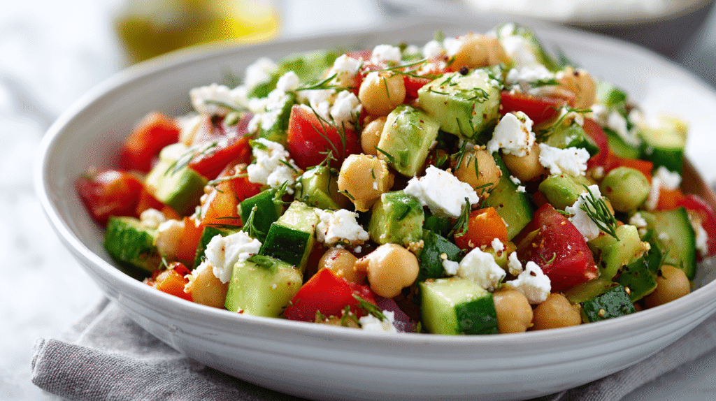 Close-up of Chickpea Avocado Salad with Creamy Feta in a white bowl