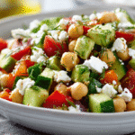 Close-up of Chickpea Avocado Salad with Creamy Feta in a white bowl
