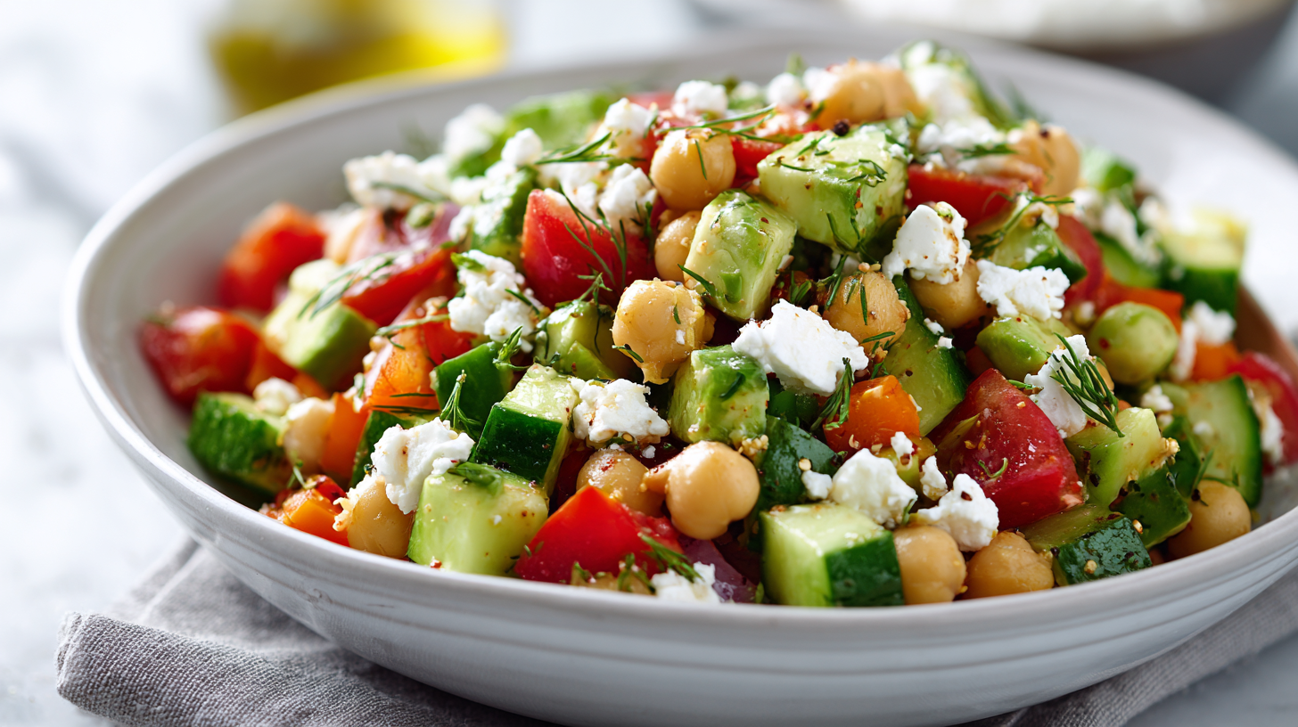 Close-up of Chickpea Avocado Salad with Creamy Feta in a white bowl