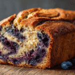 Blueberry Cinnamon Swirl Banana Bread fresh loaf on wooden surface