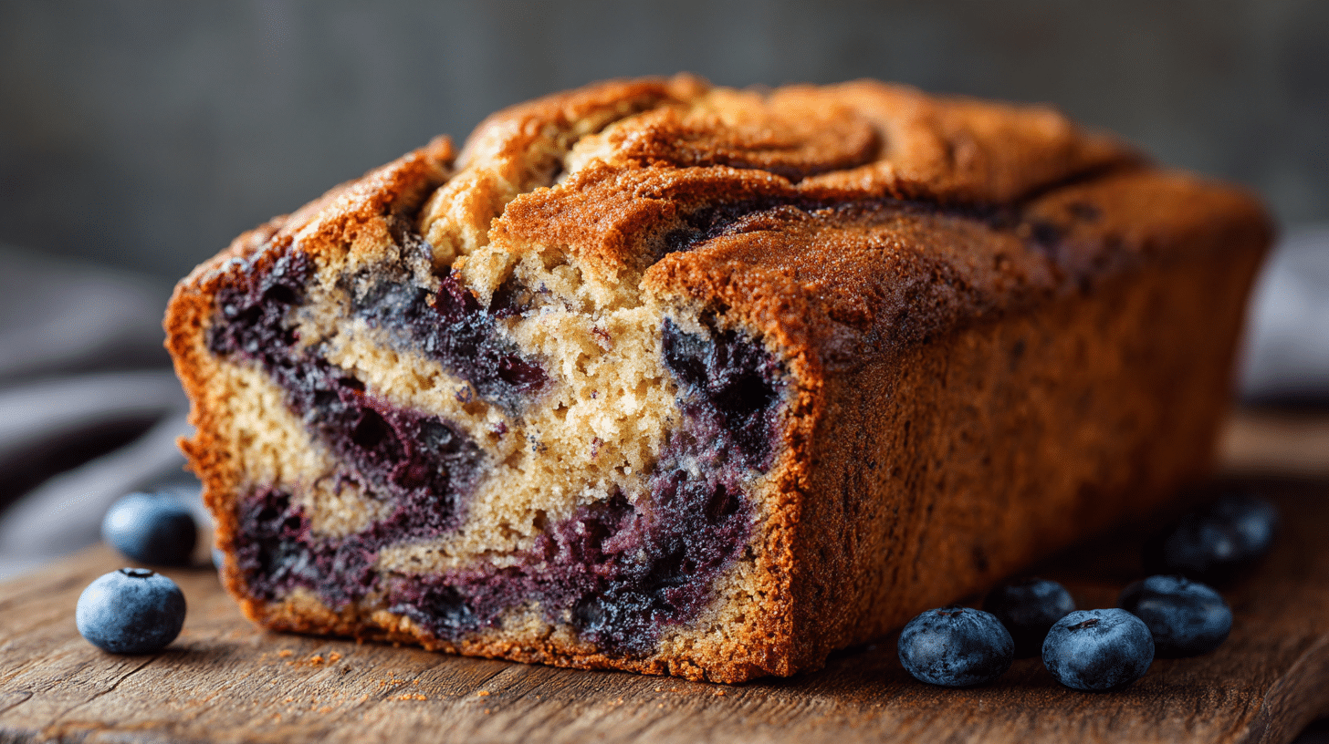 Blueberry Cinnamon Swirl Banana Bread fresh loaf on wooden surface