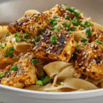 Easy Potato Noodles with Tofu in white bowl