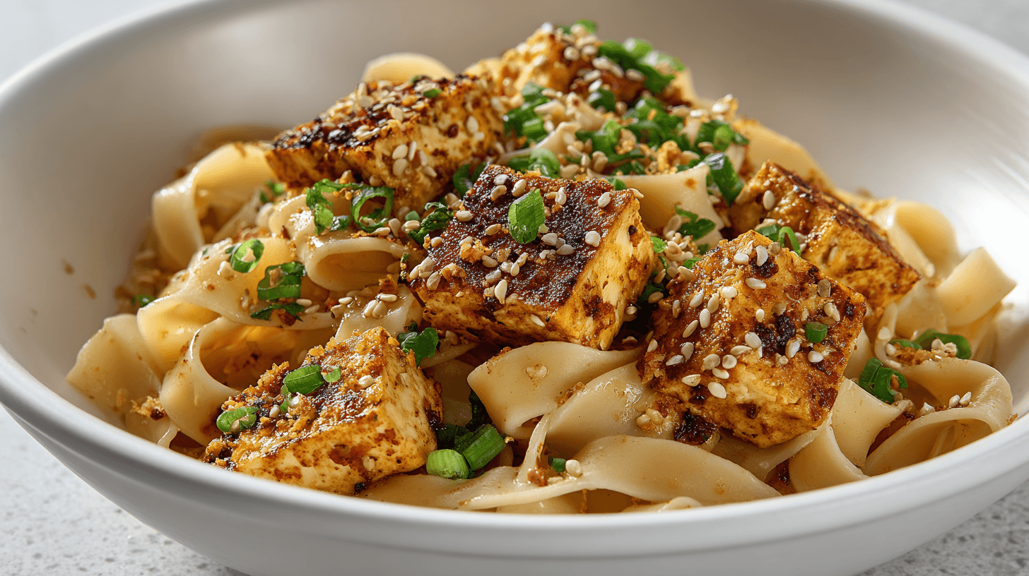 Easy Potato Noodles with Tofu in white bowl