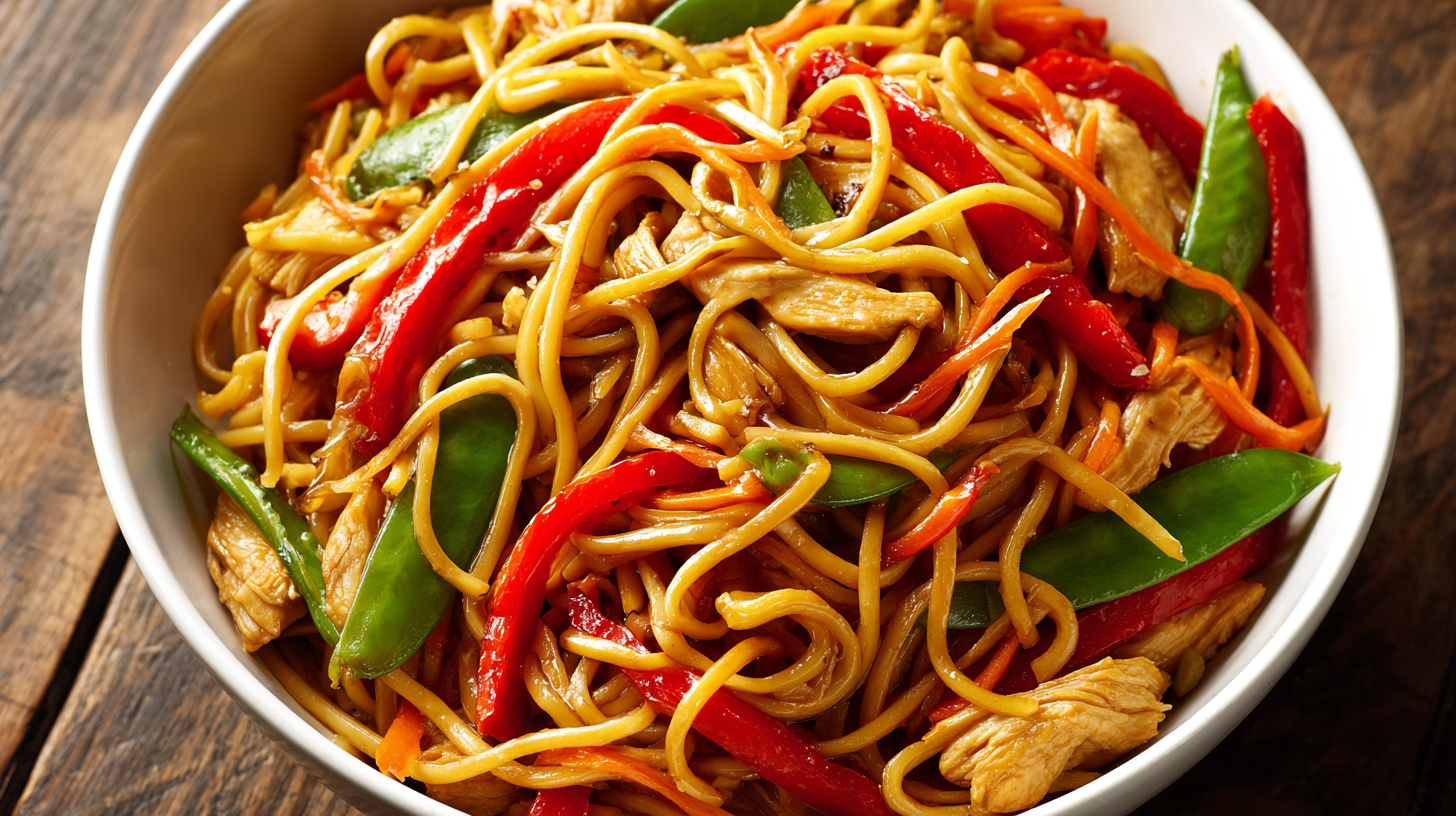 U3823717446 Bright Overhead Close Up Of Chicken Lo Mein Noodl 9af16666 C40e 4438 B828 C8040b1dcabb 2