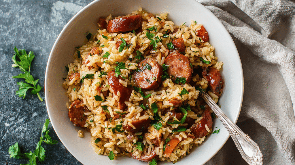 U3823717446 Bright Overhead Shot Of Smoked Sausage And Rice D 833cf48b Be60 46c7 94d9 A5d4dbb1fae2 0