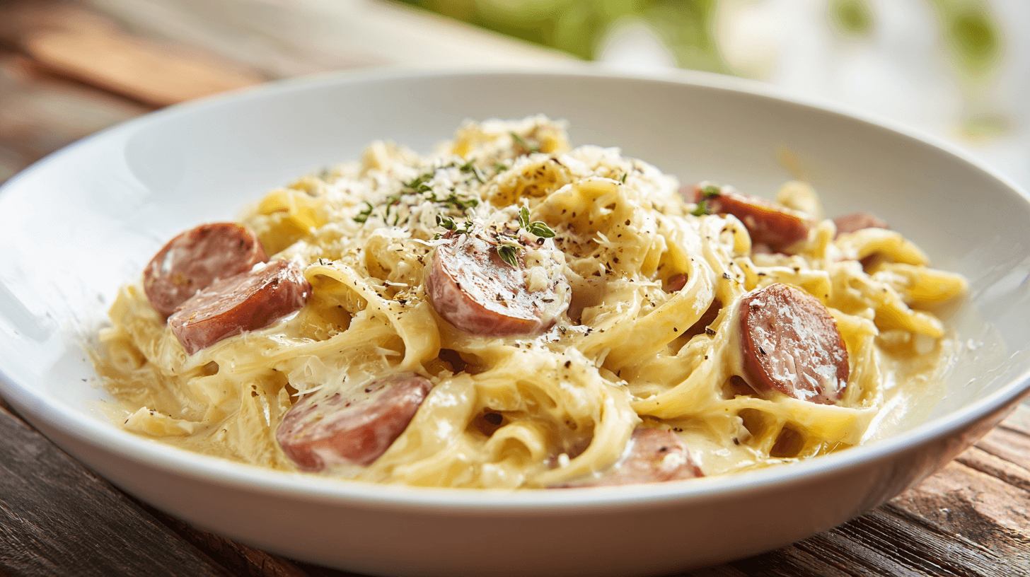 Creamy smoked sausage pasta in a white bowl