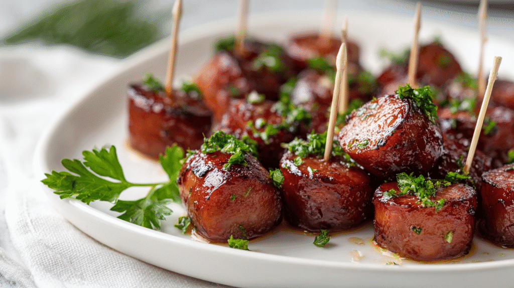 Garlic butter smoked sausage bites on serving platter with parsley