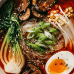 Potato noodles in spicy ramen broth with vegetables and egg