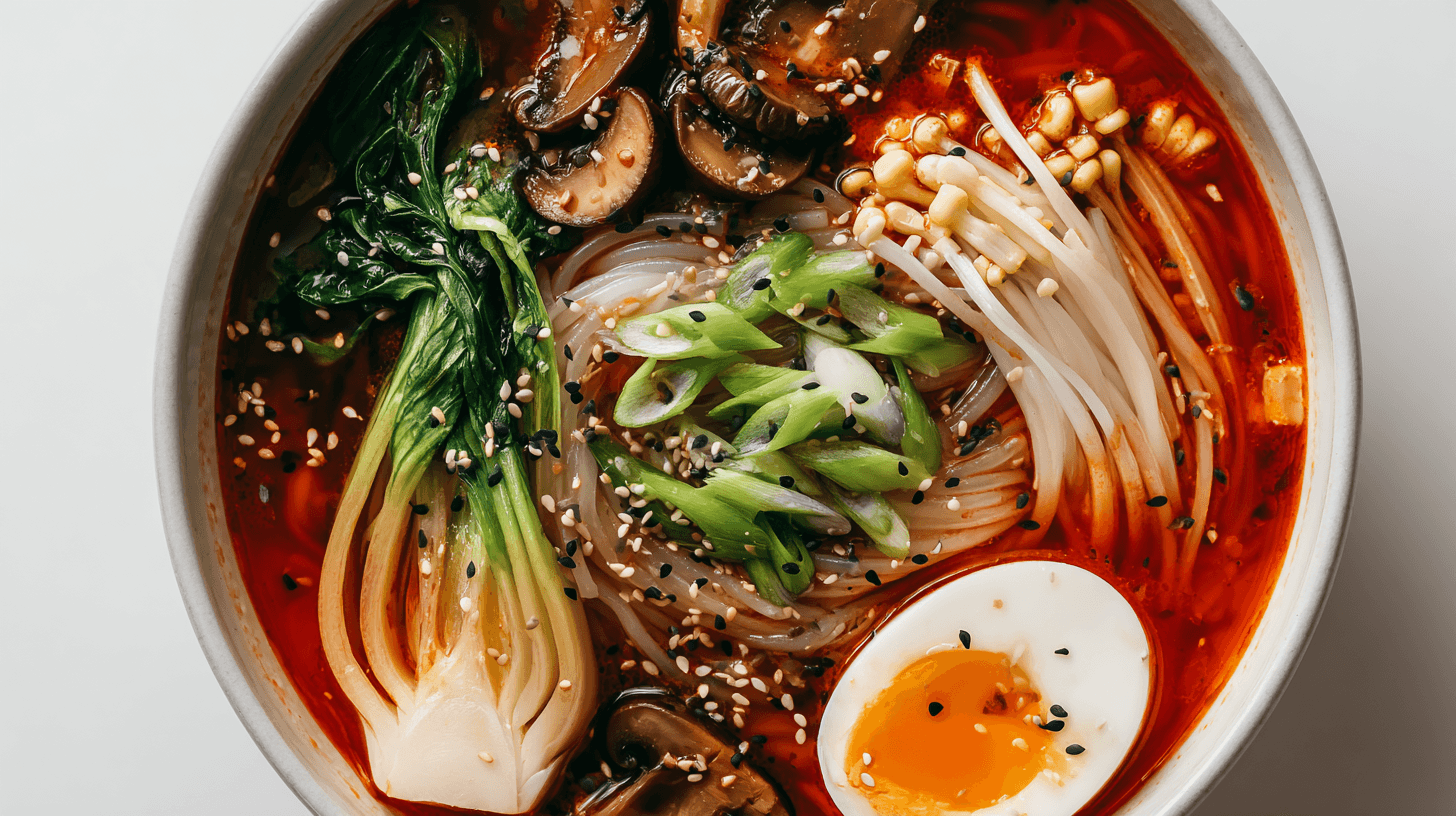 Potato noodles in spicy ramen broth with vegetables and egg