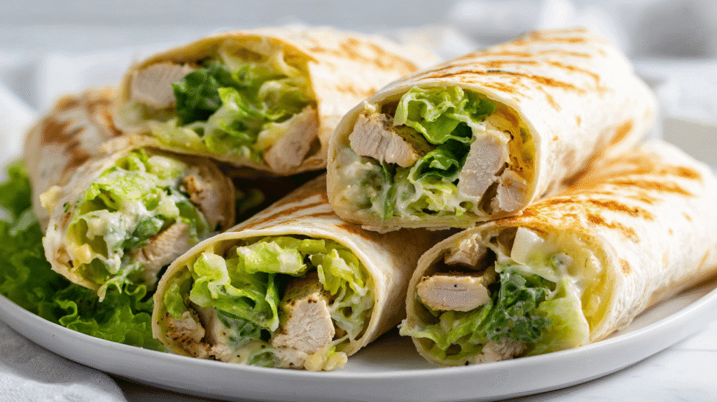Cheesy Chicken Caesar Wraps close-up on white plate