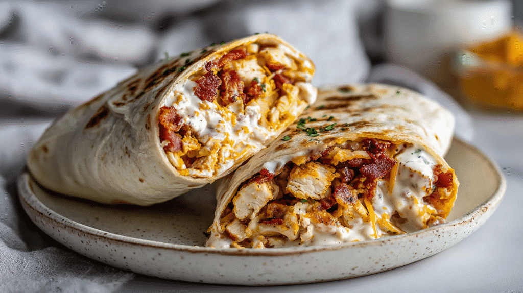Cheesy Bacon Chicken Ranch Wraps served on a ceramic plate