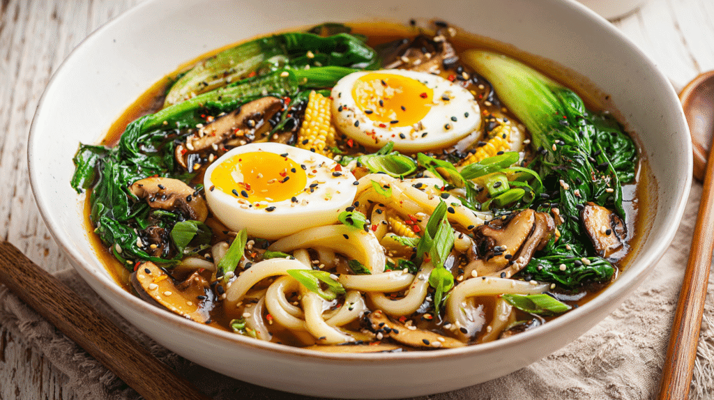 Served bowl of potato noodles in spicy ramen broth with vegetables