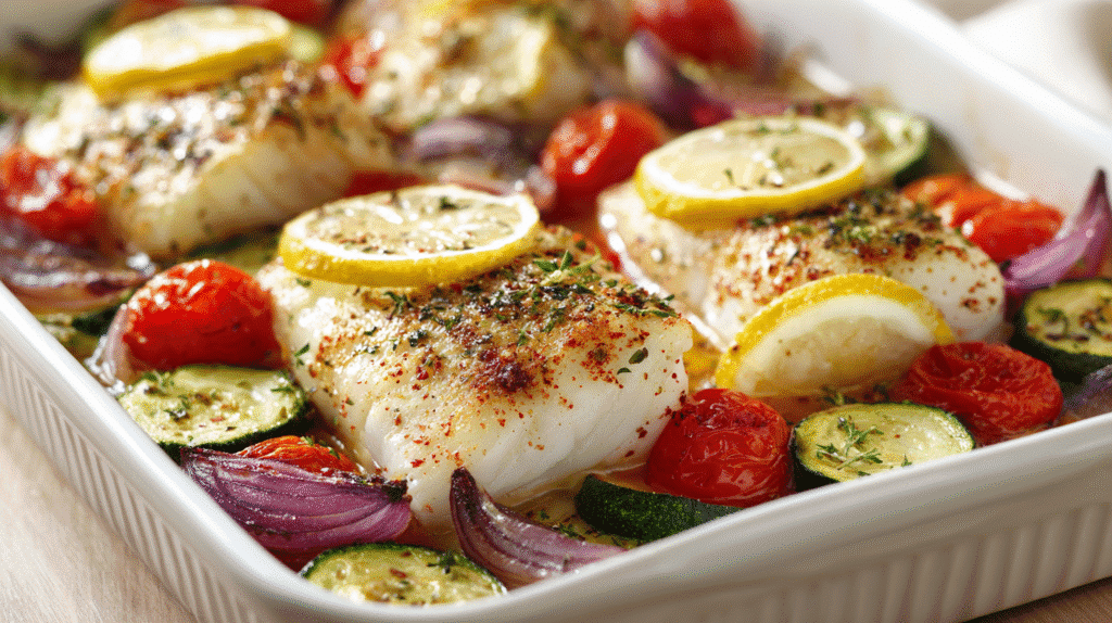 Mediterranean baked fish fresh from the oven with garnish