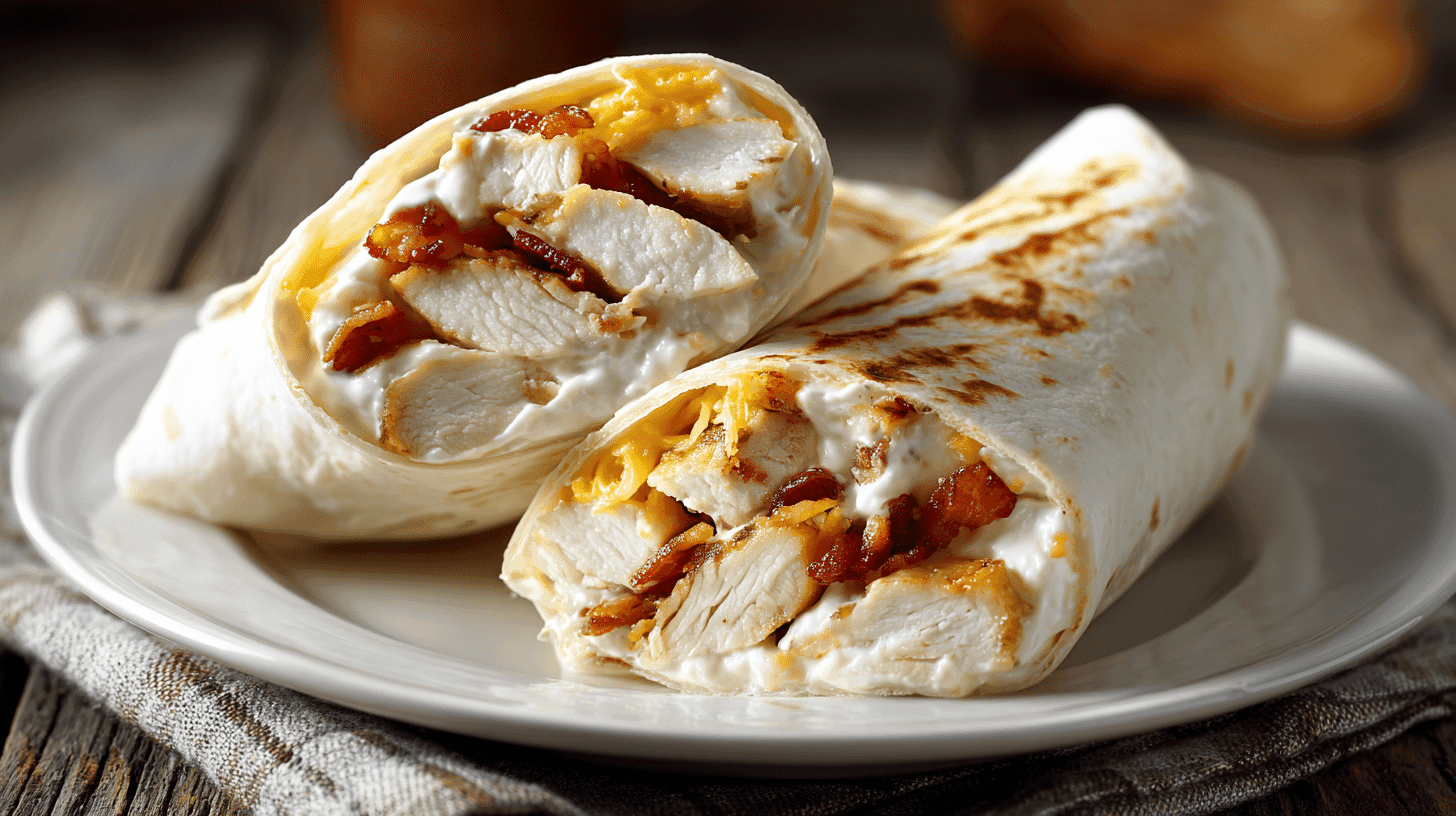 Cheesy Bacon Chicken Ranch Wrap on white plate with ranch and bacon