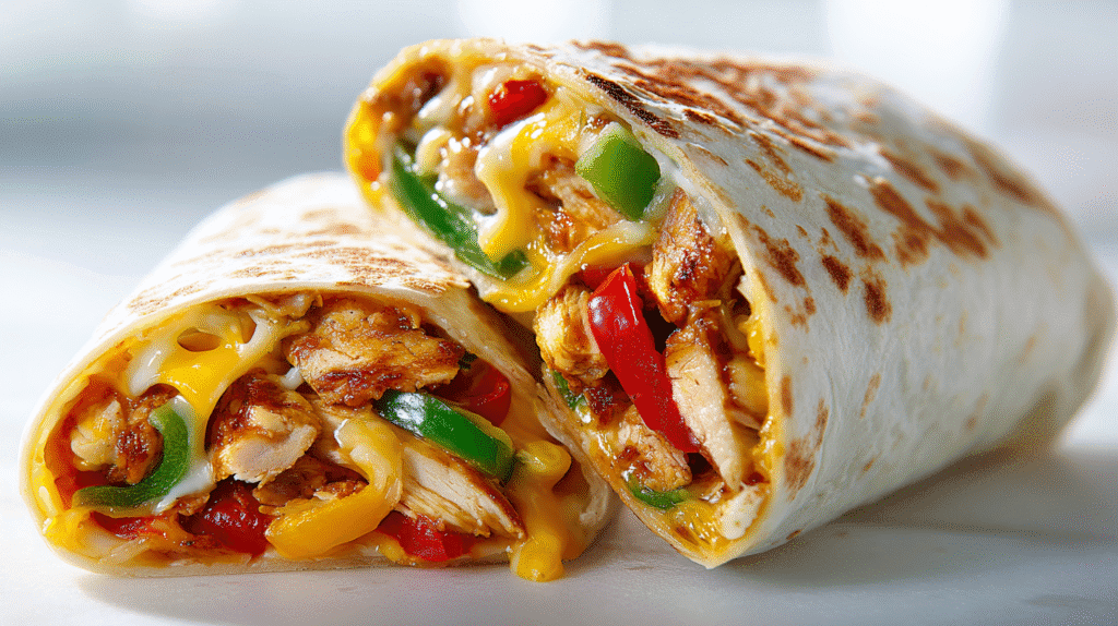 Cheesy Chicken Fajita Wrap close-up with melted cheese and peppers