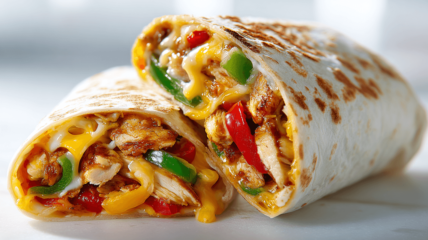 Cheesy Chicken Fajita Wrap close-up with melted cheese and peppers