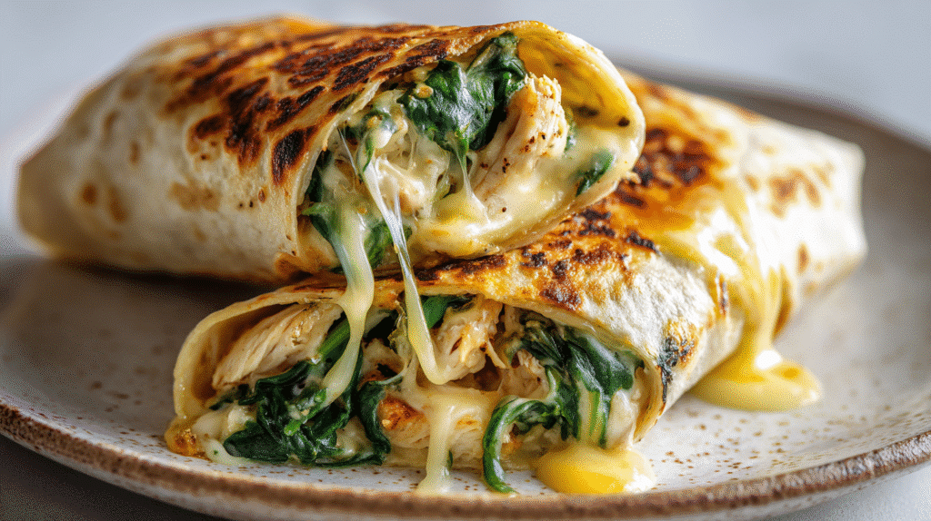 Served Cheesy Garlic Chicken Wraps with Spinach on platter