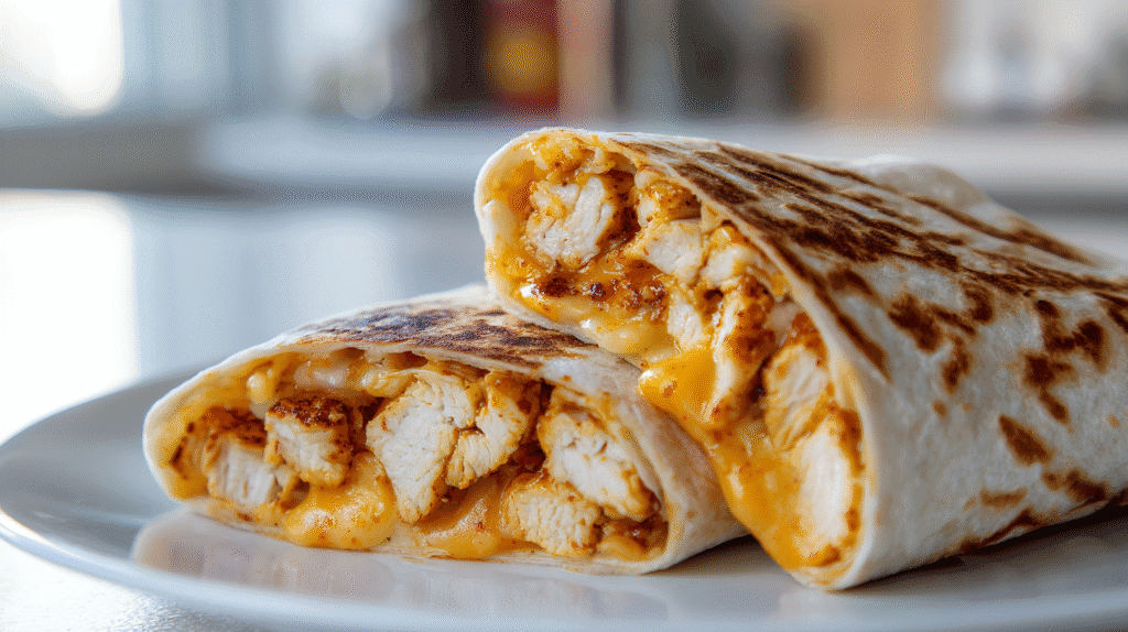 Toasted cheesy chicken fajita wrap sliced and served on plate