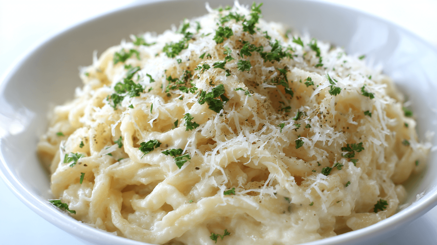 Potato Noodles in Creamy Alfredo Sauce served in a white bowl