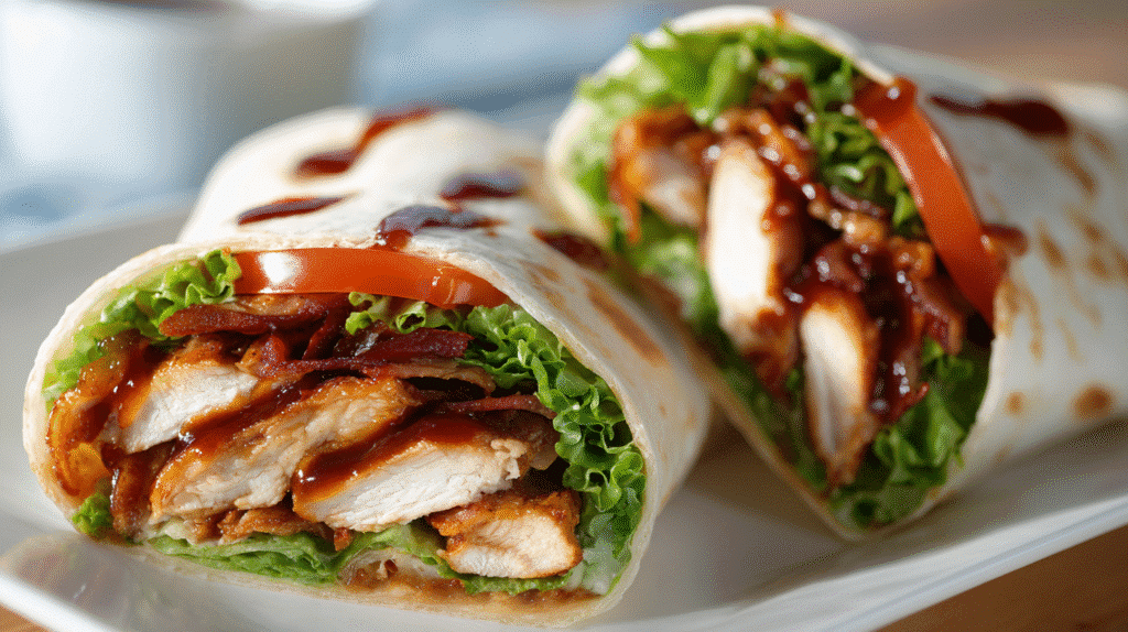 Sliced BBQ Garlic Chicken Wraps showing juicy filling
