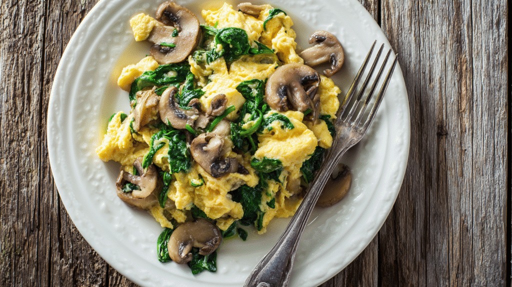 Mushroom Spinach Scrambled Eggs served on a bright plate