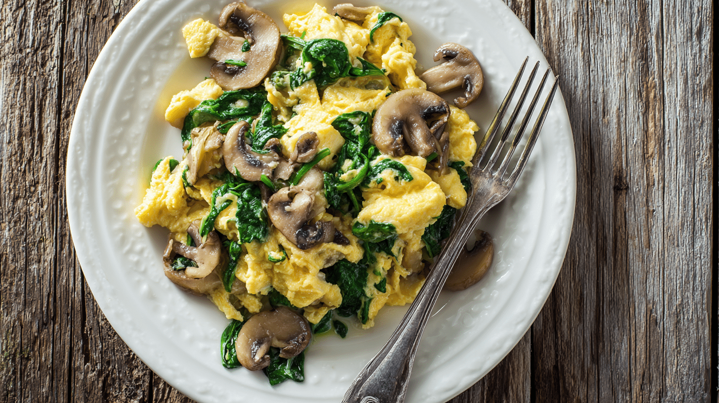 Mushroom Spinach Scrambled Eggs served on a bright plate