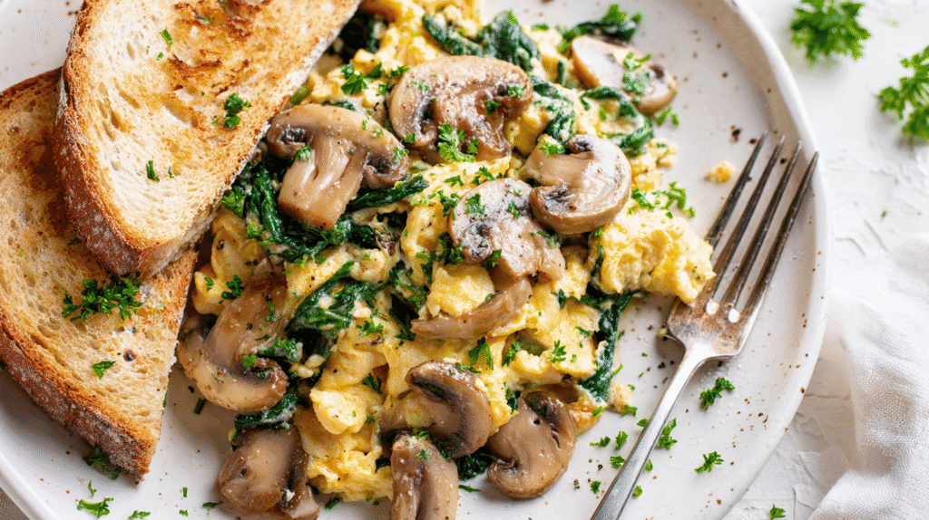 Plated mushroom spinach scrambled eggs with toast
