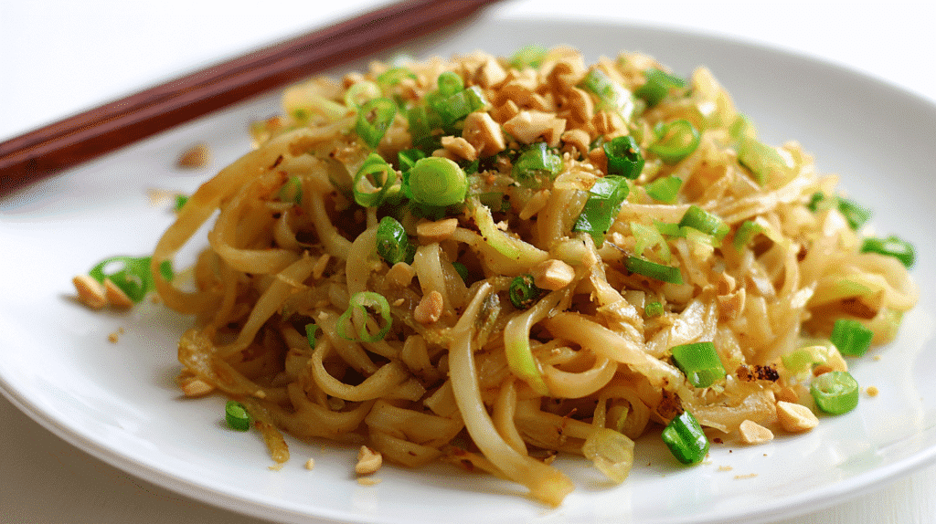 Served pan-fried potato noodles with soy garlic sauce and toppings