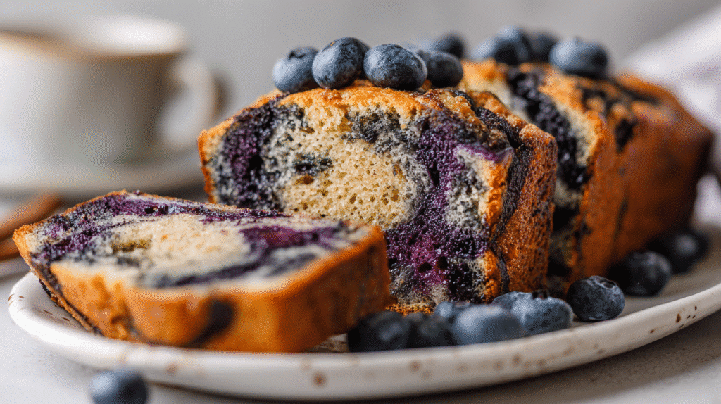 Slices of blueberry cinnamon swirl banana bread on white plate